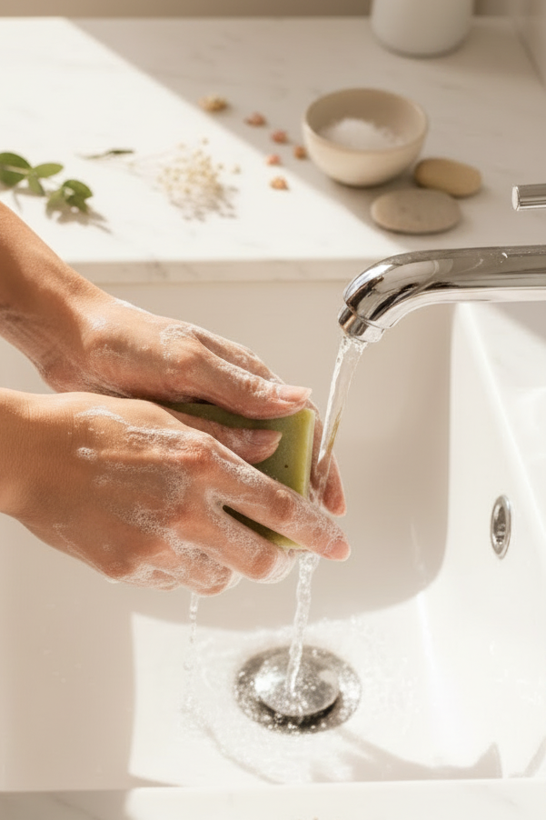 Clinical benefits graphic highlighting tea-infused soap barrier support, comfort, and sustainability.