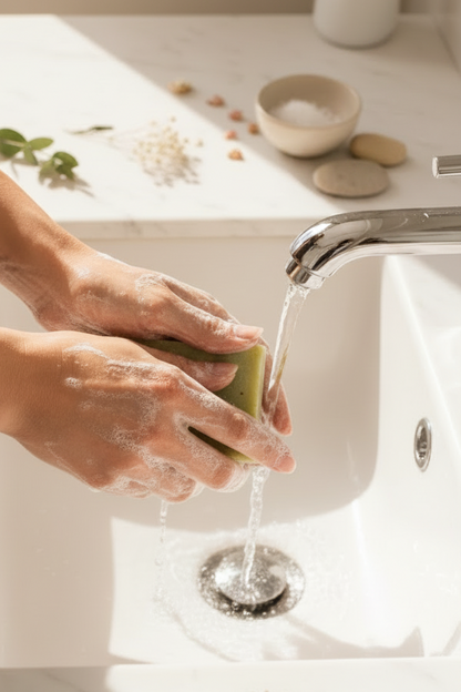 Clinical benefits graphic highlighting tea-infused soap barrier support, comfort, and sustainability.