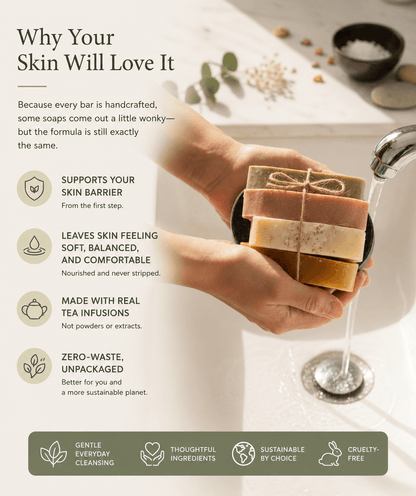Clinical infographic highlighting Tea-licious soap benefits including skin barrier support and tea infusions.