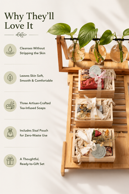 Clinical benefits graphic featuring Tea-licious tea-infused soap gift set and skincare benefits.