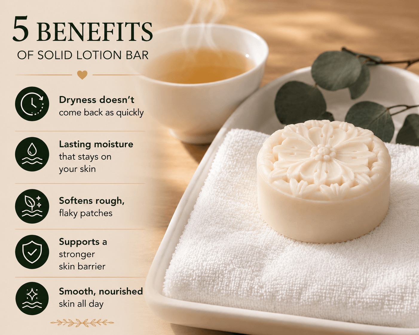 Tea-licious solid lotion bar with five benefits beside warm tea and towel in spa-inspired setting.