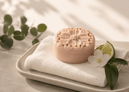 Tea-infused solid lotion bar with bergamot and grapefruit accents in soft warm minimalist spa lighting