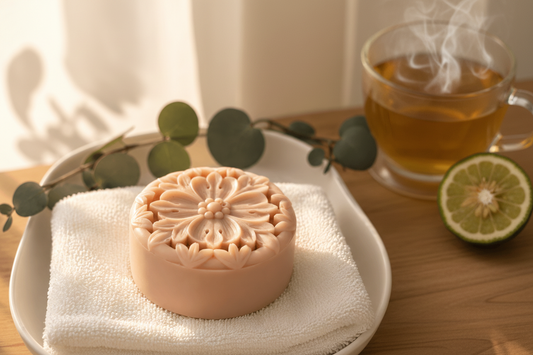 Closeup tea-infused solid lotion bar on soft towel in warm natural spa light with elegant styling