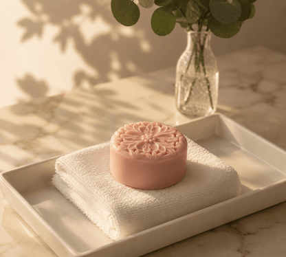 Tea-infused solid lotion bar on white towel in warm spa light with marble backdrop and elegant styling