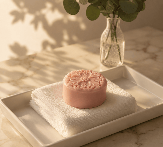 Tea-infused solid lotion bar on white towel in warm spa light with marble backdrop and elegant styling
