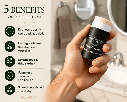 Tea-licious solid lotion stick with five skin benefits shown in a bright bathroom setting.