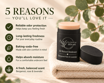 Tea-licious Skincare Sparkling Bergamot & Rose Lavender baking soda free deodorant shown with a list of 5 reasons for choosing this natural, barrier-first formula.