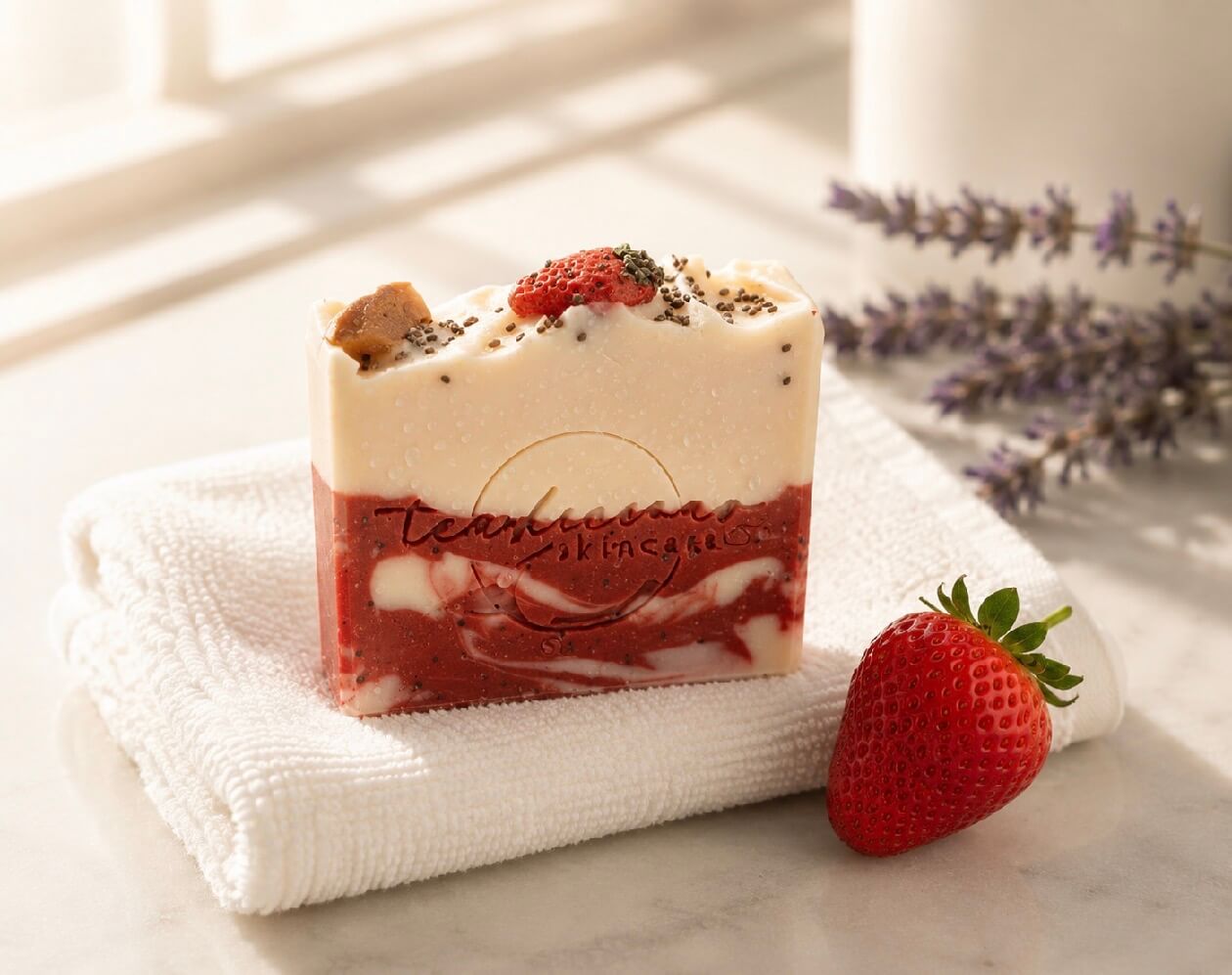 Tea-infused strawberry soap bar with fresh berry, lavender accents and soft spa-inspired lighting.
