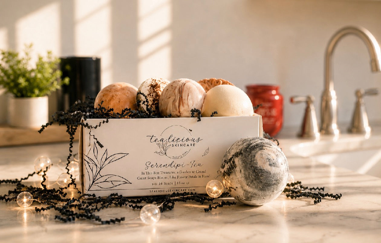 Tea guest soaps gift set displayed on bathroom counter in warm natural morning light.