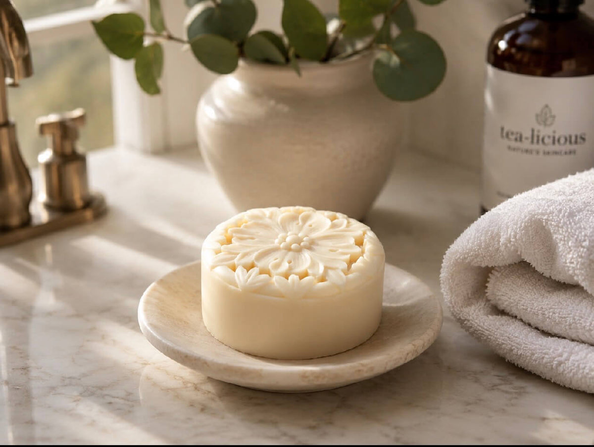 Woman applying Tea-licious tea infused lotion bar on arm in elegant sunlit bathroom with real skin texture.