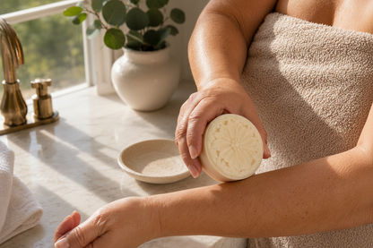 Person using a white lotion bar in elegant bathroom setting 
