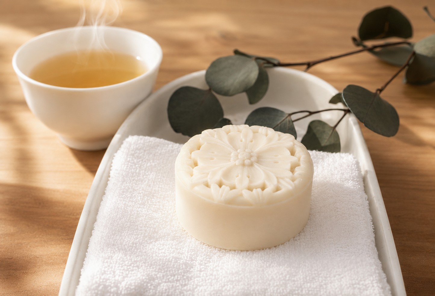 Tea-licious tea infused lotion bar beside warm tea in spa-inspired setting with soft natural light.