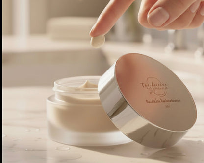 Tea Moisture Infusion cream with fingertip application and silver lid in soft bathroom light.