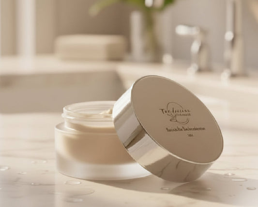 Tea Moisture Infusion moisturizer in frosted jar with silver lid on bathroom counter in soft light.