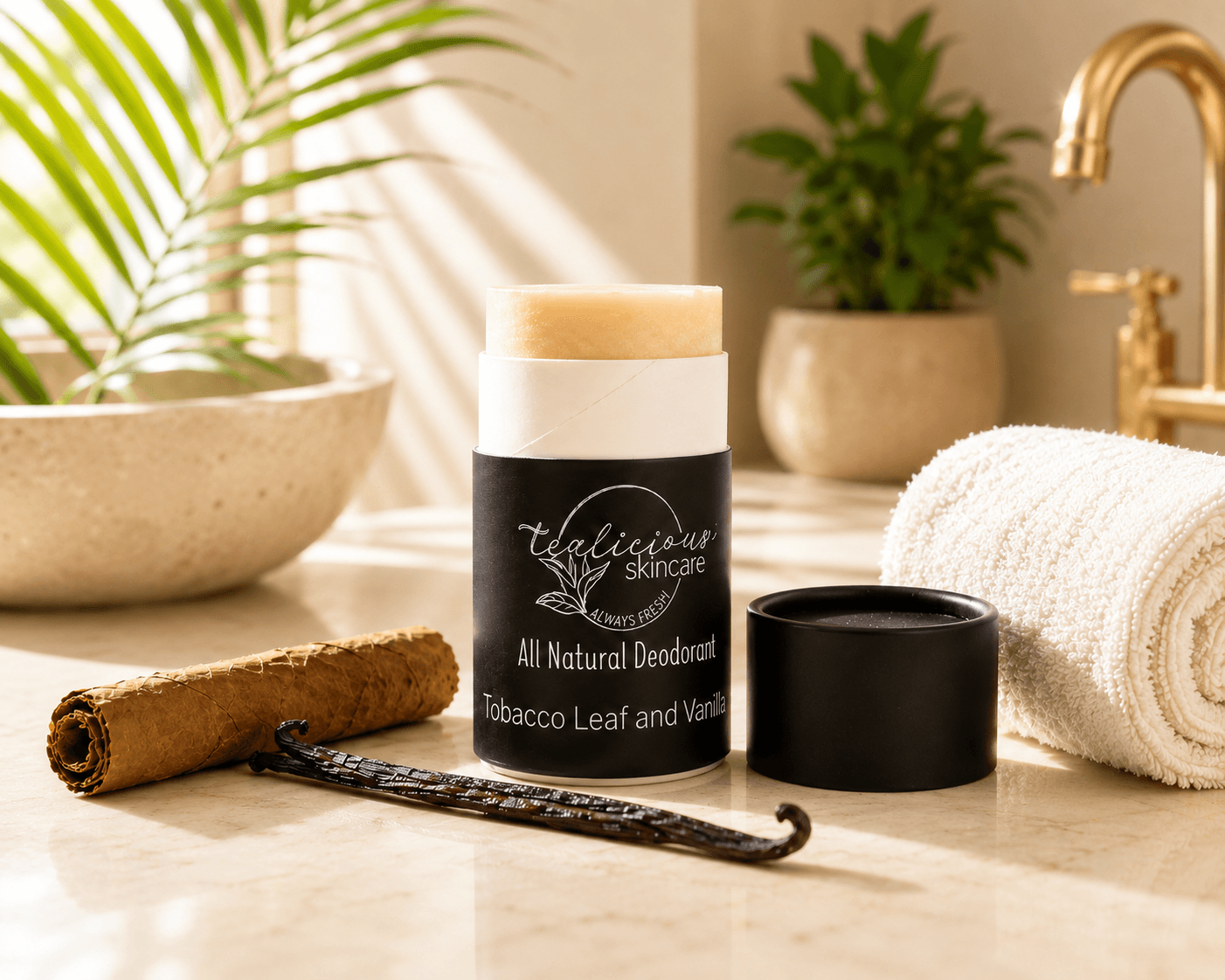 A deodorant stick and its cap displayed on a bathroom counter with a rolled towel, cinnamon stick, vanilla bean, and potted plants in the background. The product label reads 'Delicious Skincare All Natural Deodorant Tobacco Leaf and Vanilla'.