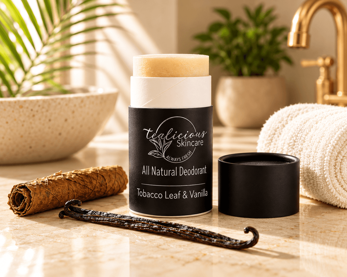 Tea-licious Black Tea & Sandalwood deodorant beside a rolled white towel, steaming black cup and mound of brown powder on a sunlit wooden surface.
