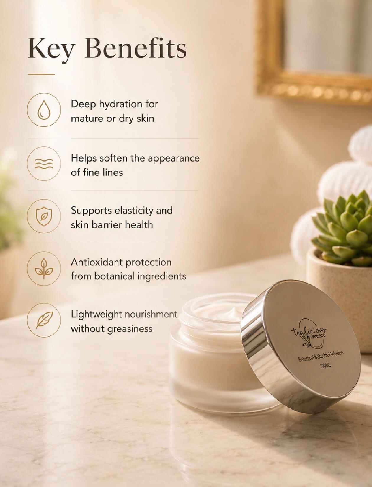Acne / oily Skincare product with key benefits listed on a neutral background