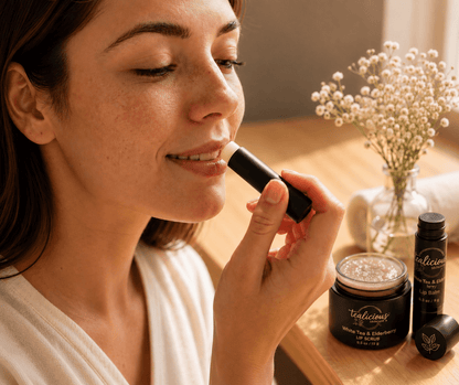 Woman applying Tea-licious White Tea Elderberry lip balm with real skin texture in morning light