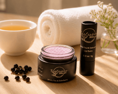 Tea-licious White Tea Elderberry lip scrub and lip balm in warm elegant bathroom morning sunlight