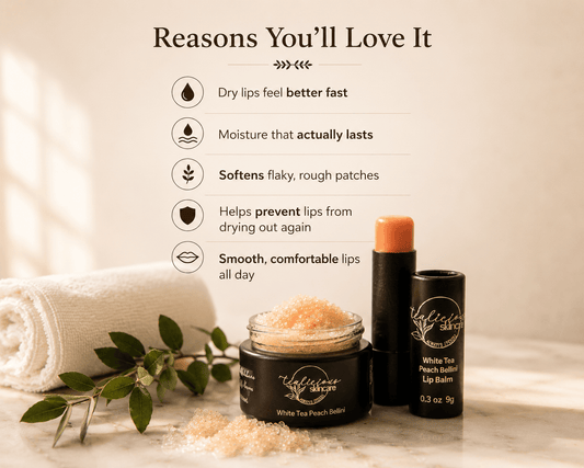 White Tea Peach Bellini lip balm and scrub with lip care benefits in warm spa-inspired setting.