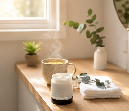 Tea-licious skincare calendula body cream, mug with steaming drink, and plants on a wooden surface near a window.