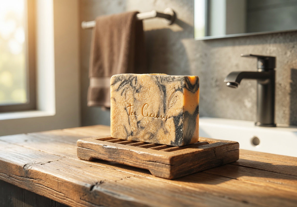 Tea-licious Wild Calendula tea soap on wooden dish in warm bathroom with soft natural morning light.