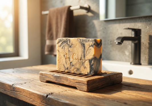 Tea-licious Wild Calendula tea soap on wooden dish in warm bathroom with soft natural morning light.