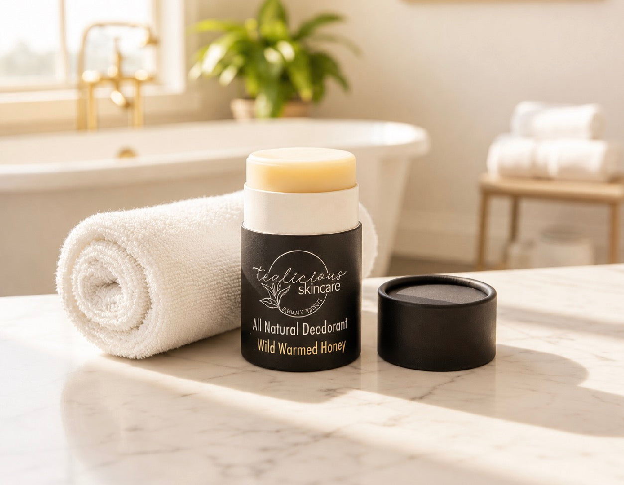 Tea-licious Skincare Wild Warmed Honey baking soda free deodorant styled on a marble countertop in a high-end, minimalist bathroom setting.