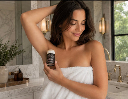 Tea-licious Skincare Pink Champagne baking soda free deodorant displayed next to a glass of rosé wine, capturing a high-end lifestyle aesthetic.