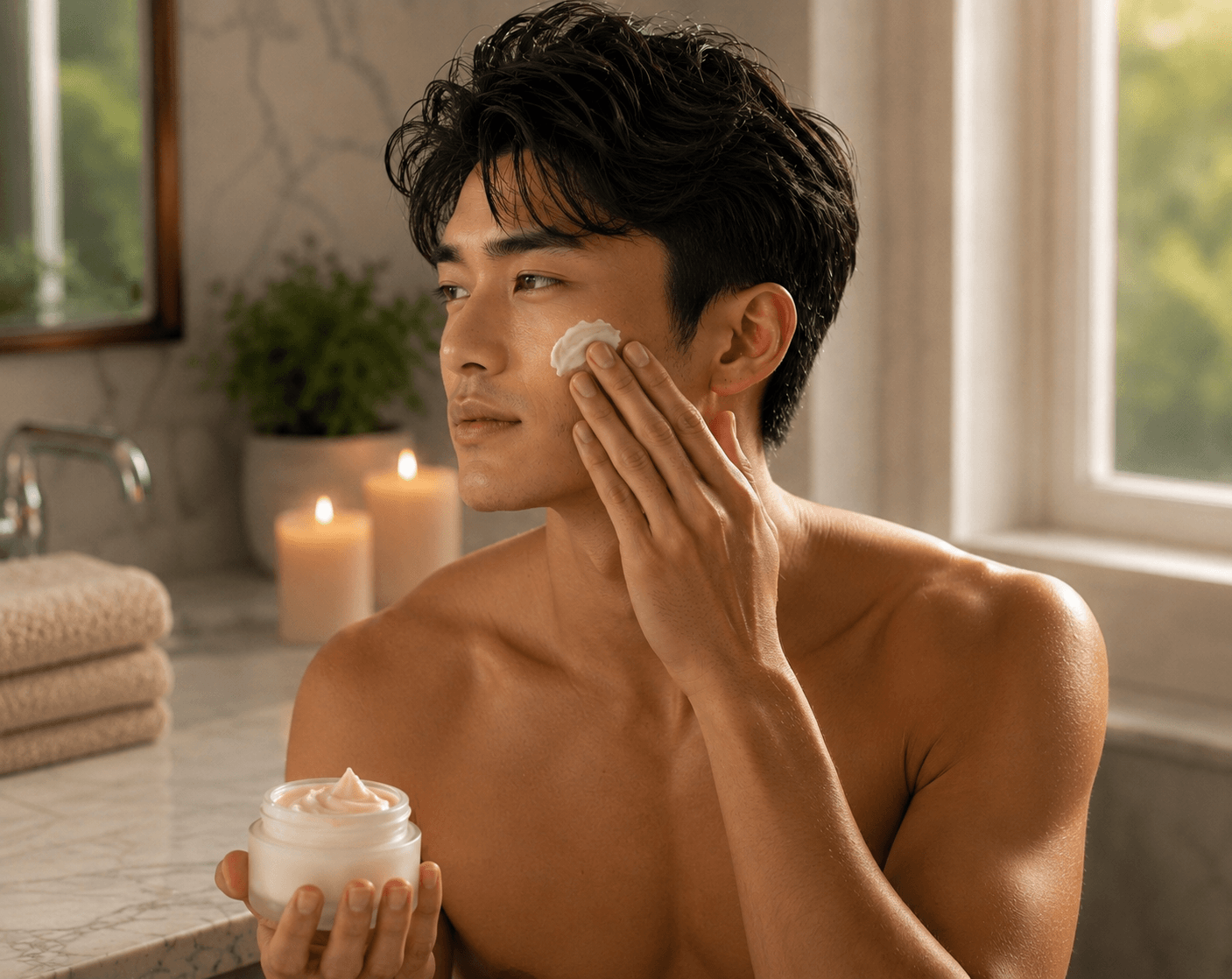 Young man applying face cream in warm spa bathroom with soft natural light and realistic skin texture