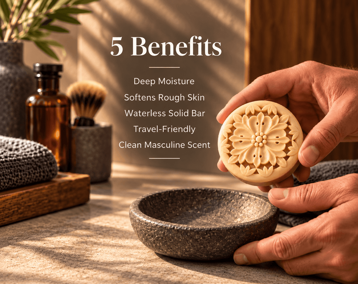 Tea-Licious solid lotion bar held in a warm spa setting beside five benefits: deep moisture, softer rough skin, waterless solid format, travel-friendly use, and a clean masculine scent.