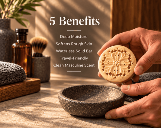 Tea-Licious solid lotion bar held in a warm spa setting beside five benefits: deep moisture, softer rough skin, waterless solid format, travel-friendly use, and a clean masculine scent.