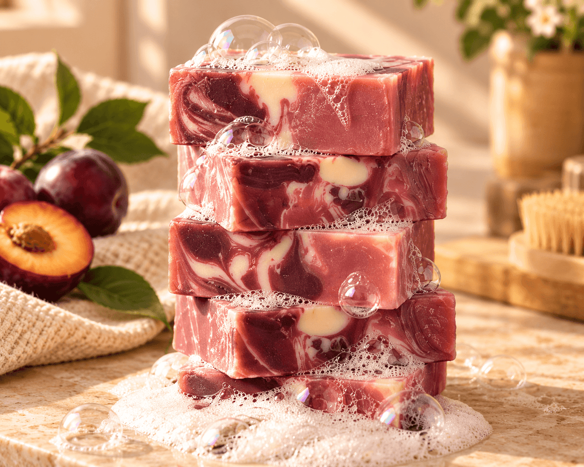 Stacked Tea-licious Spiced Plum Tea soap bars with deep plum, rose and cream swirls, covered in rich lather and bubbles on a dark stone surface.