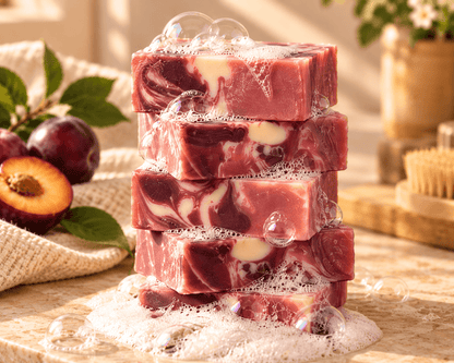 Stacked Tea-licious Spiced Plum Tea soap bars with deep plum, rose and cream swirls, covered in rich lather and bubbles on a dark stone surface.