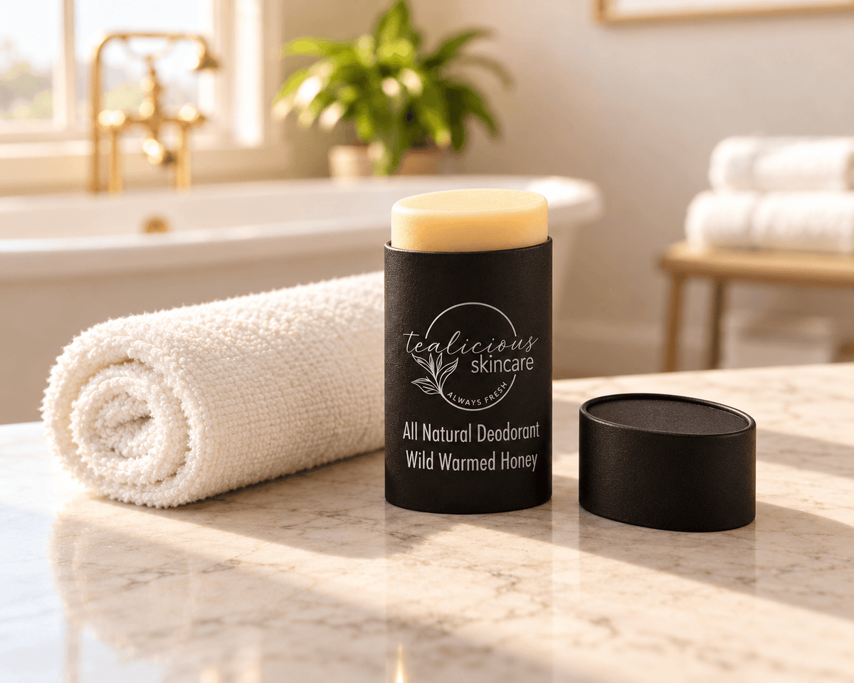 Tea-licious Wild Warmed Honey deodorant in a black oval container with silver lettering, beside its lid and a rolled ivory towel on a sunlit marble bathroom counter.