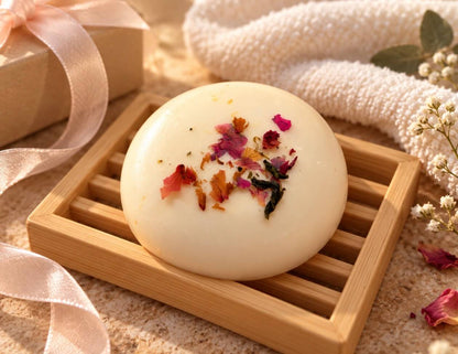 Tea-Licious botanical solid lotion drop topped with dried flowers and displayed on a bamboo draining dish with soft towels.