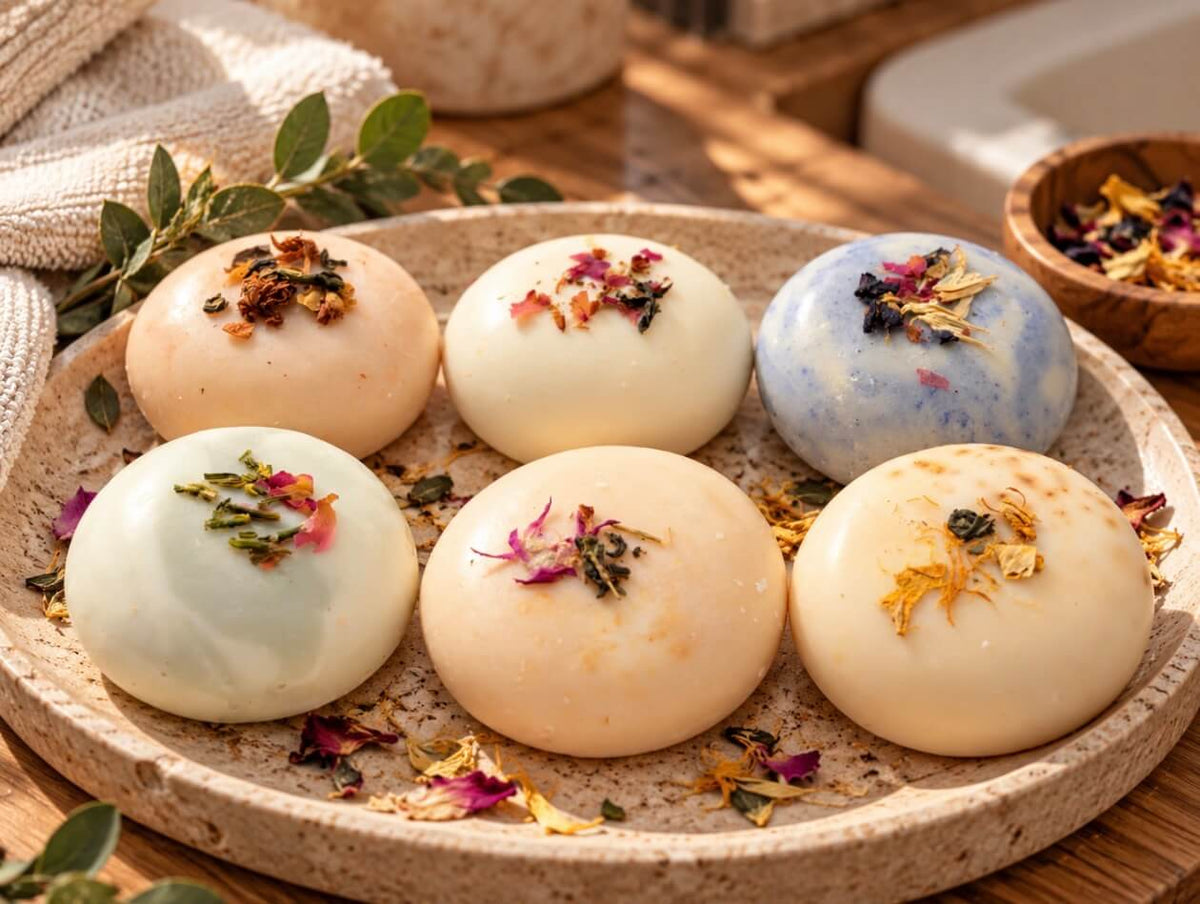 Six Tea-licious Skincare round bath in soft pastel shades of cream, blue, and mint, each topped with dried flower petals, arranged on a textured ceramic tray with scattered petals and botanical sprigs.