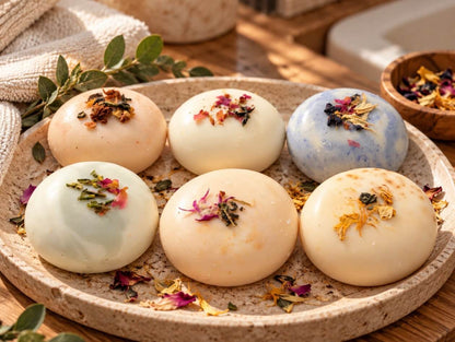 Six Tea-licious Skincare round bath in soft pastel shades of cream, blue, and mint, each topped with dried flower petals, arranged on a textured ceramic tray with scattered petals and botanical sprigs.