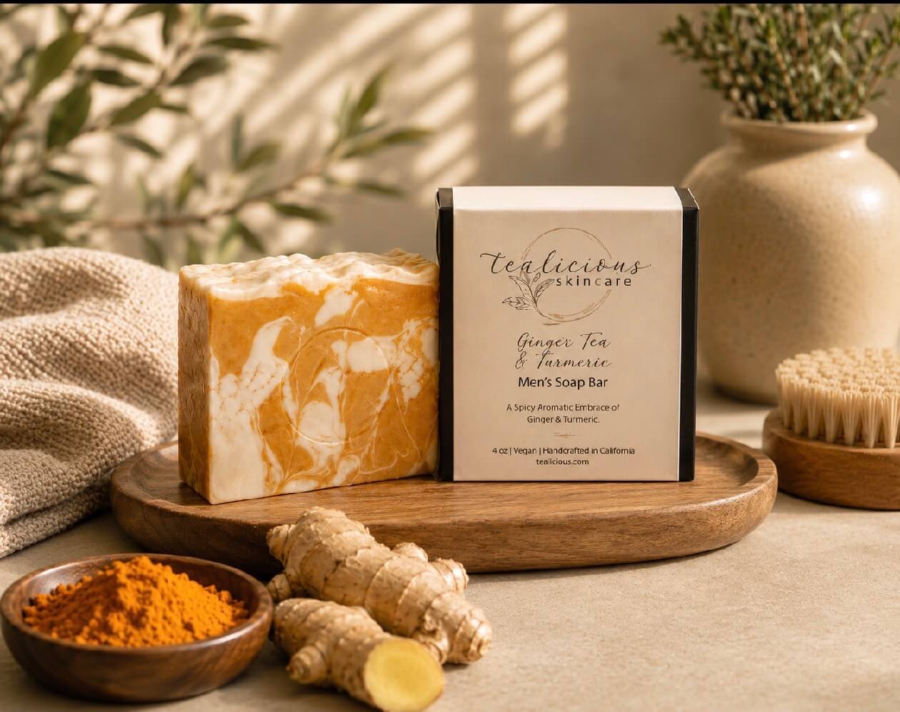Ginger tea and turmeric men's soap bar with packaging on a wooden tray, surrounded by fresh ginger root and turmeric powder.