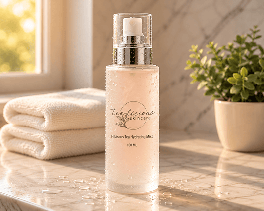 Frosted glass spray bottle of Tealicious Skincare Hibiscus Tea Hydrating Mist covered in fine water droplets, set on a sunlit marble bathroom counter beside folded white towels and a potted green plant.