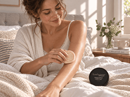 A smiling woman with freckles, wearing a cream knitted robe and lace camisole, sits on a bed and rubs a Tealicious Skincare solid lotion bar onto her arm. The textured, hand-carved bar has a clear floral pattern. In the foreground rests a black travel-friendly tin labeled 'tealicious skincare Handcrafted Lotion bar' with metallic silver lettering.