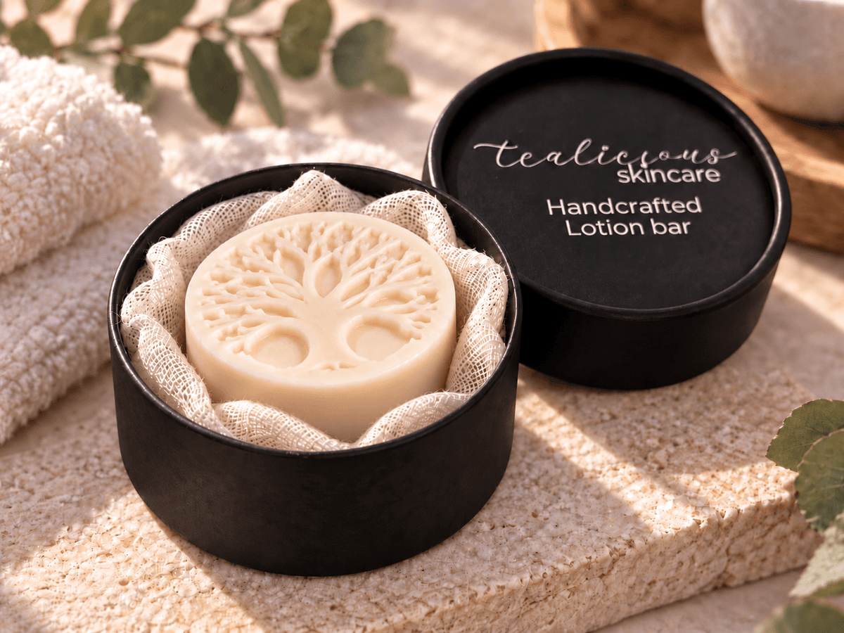 Tree of Life Solid Lotion Bar nestled in soft gauze inside a black Tea-Licious Skincare container, styled in warm natural light with neutral spa-inspired accents.