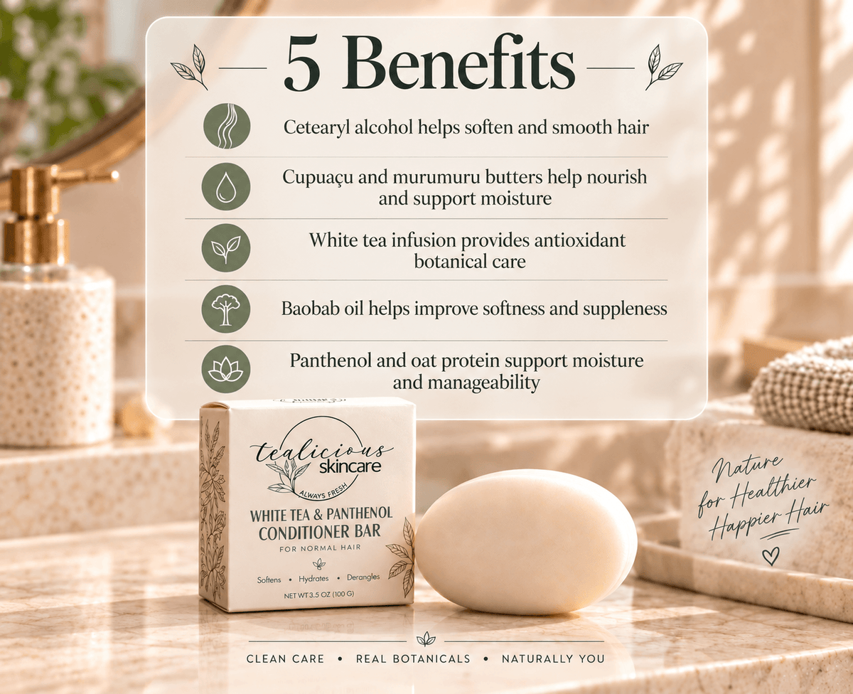 Tea-Licious White Tea & Panthenol Conditioner Bar for normal hair with five benefits highlighting softness, moisture, white tea antioxidants, baobab oil, and manageability.