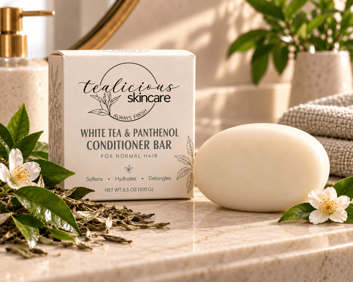 Tea-Licious White Tea & Panthenol Conditioner Bar for normal hair beside its cream box with white tea blossoms and green leaves.