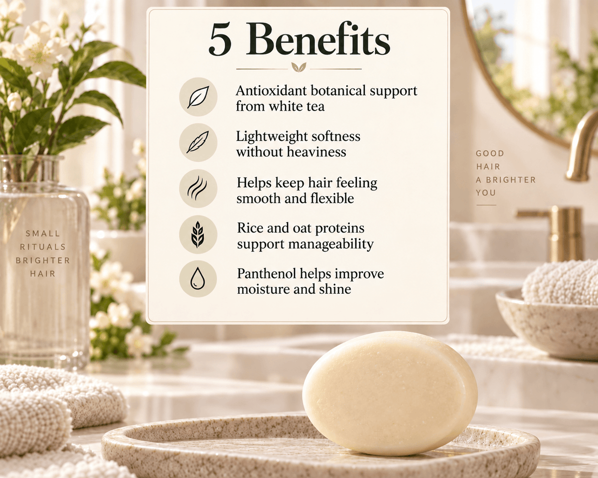 5 benefits graphic for Tea-Licious White Tea & Panthenol Shampoo Bar highlighting antioxidant botanical support, lightweight softness, smoother flexible hair, improved manageability, and added moisture and shine.