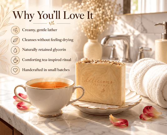 Why You’ll Love It graphic featuring Tea-Licious handmade tea soap with five benefits: creamy gentle lather, non-drying cleansing, naturally retained glycerin, a comforting tea-inspired ritual, and small-batch craftsmanship.
