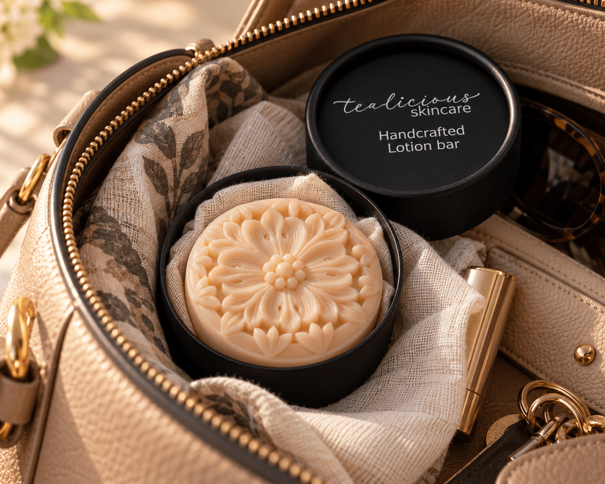 Wild Honey & Cashmere Solid Lotion Bar in black Tea-Licious Skincare packaging nestled inside a neutral leather handbag with soft gauze and everyday accessories.