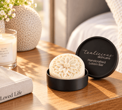 Tealicious skincare apple black tea and amber  lotion bar in an ornate floral pattern, presented in a round black tin next to its lid on a wooden bedside table. The scene is styled with a lit candle, a book, and a lamp in a cozy bedroom setting.
